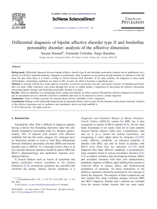  PDF Differential Diagnosis Of Bipolar Affective Disorder Type II And