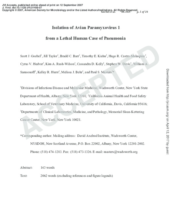 (PDF) Isolation of Avian Paramyxovirus 1 from a Lethal Human Case of ...