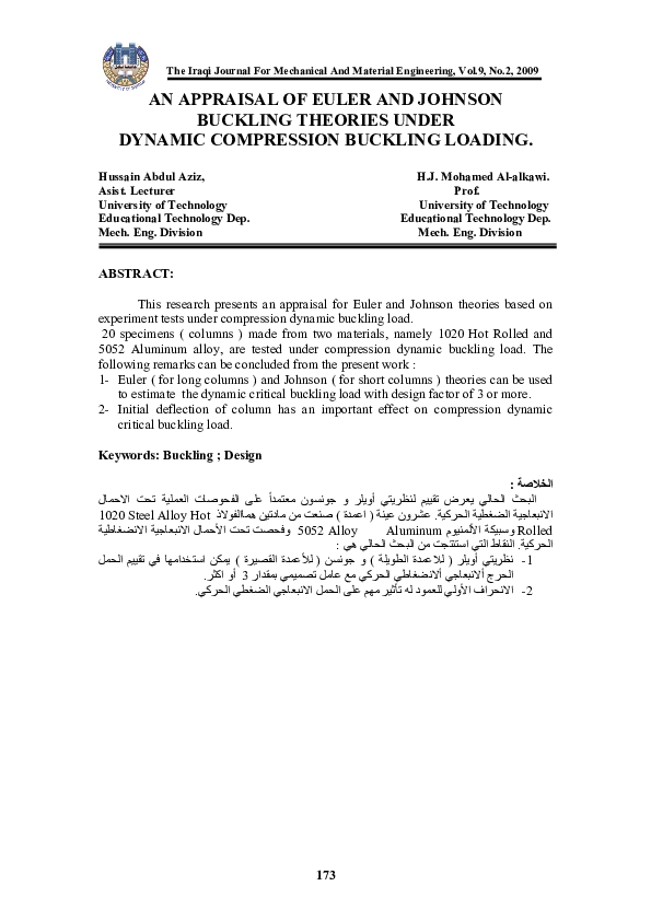 (PDF) AN APPRAISAL OF EULER AND JOHNSON BUCKLING THEORIES UNDER DYNAMIC