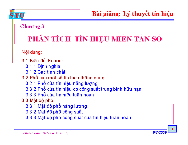 First page of “Bài giảng: Lý thuyết tín hiệu Chương 3 PHÂN TÍCH TÍN HIỆU MIỀN TẦN SỐ”