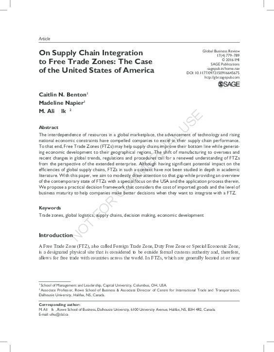 (PDF) On Supply Chain Integration to Free Trade Zones: The Case of the ...