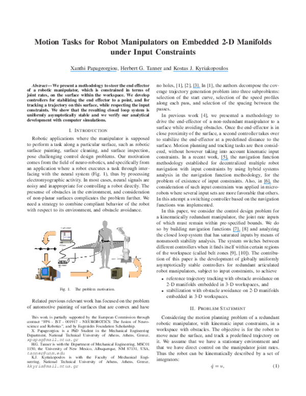 (PDF) Motion Tasks for Robot Manipulators on Embedded 2-D Manifolds ...