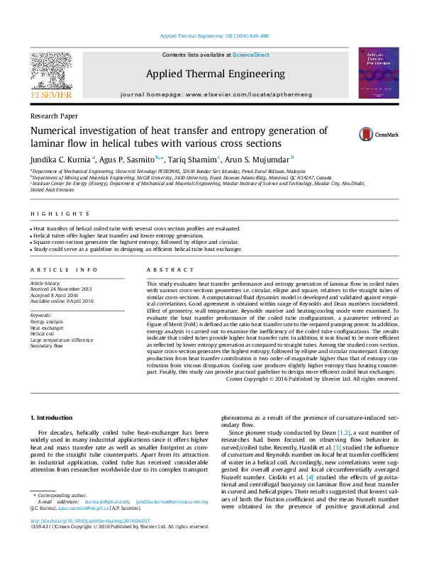 (PDF) Numerical investigation of heat transfer and entropy generation ...