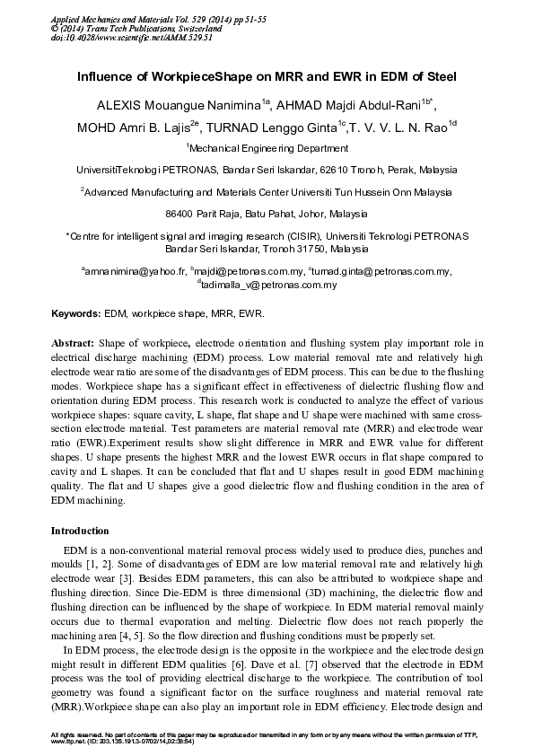 (PDF) Influence of Workpiece Shape on MRR and EWR in EDM of Steel