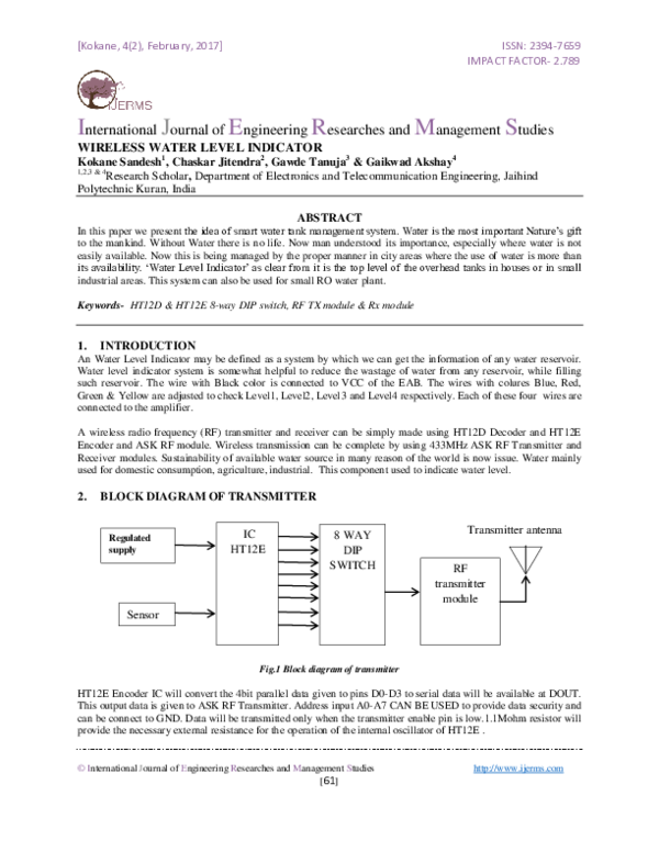 (PDF) WIRELESS WATER LEVEL INDICATOR Editor IJERMS Academia.edu
