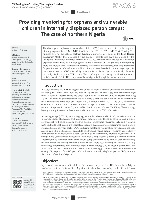(PDF) Providing mentoring for orphans and vulnerable children in ...