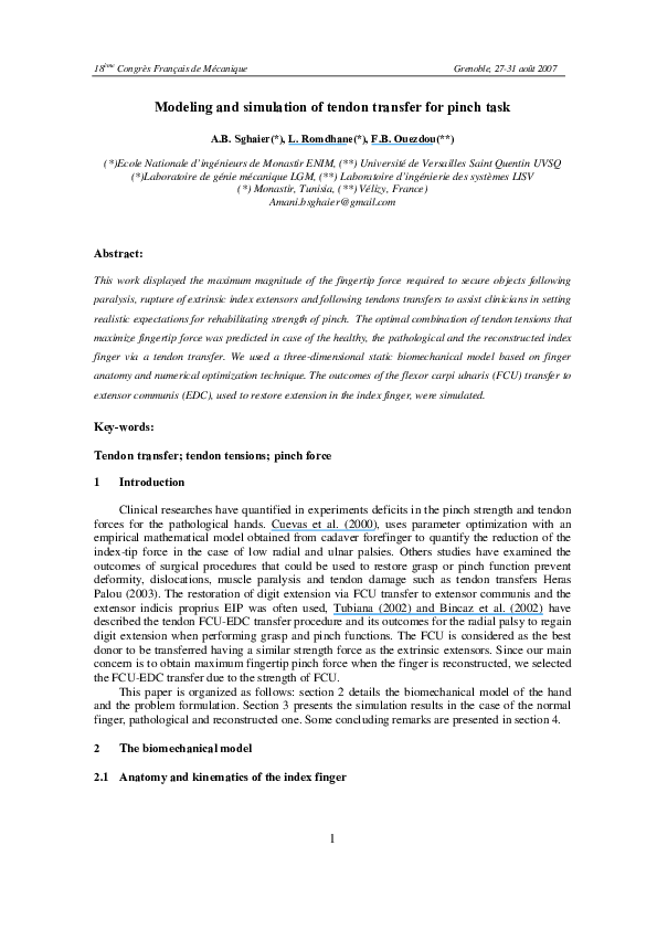 (PDF) Modeling and simulation of tendon transfer for pinch task