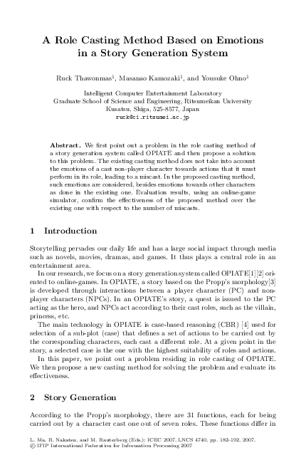 (PDF) A Role Casting Method Based on Emotions in a Story Generation System