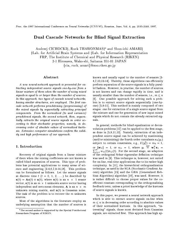 (PDF) Dual cascade networks for blind signal extraction