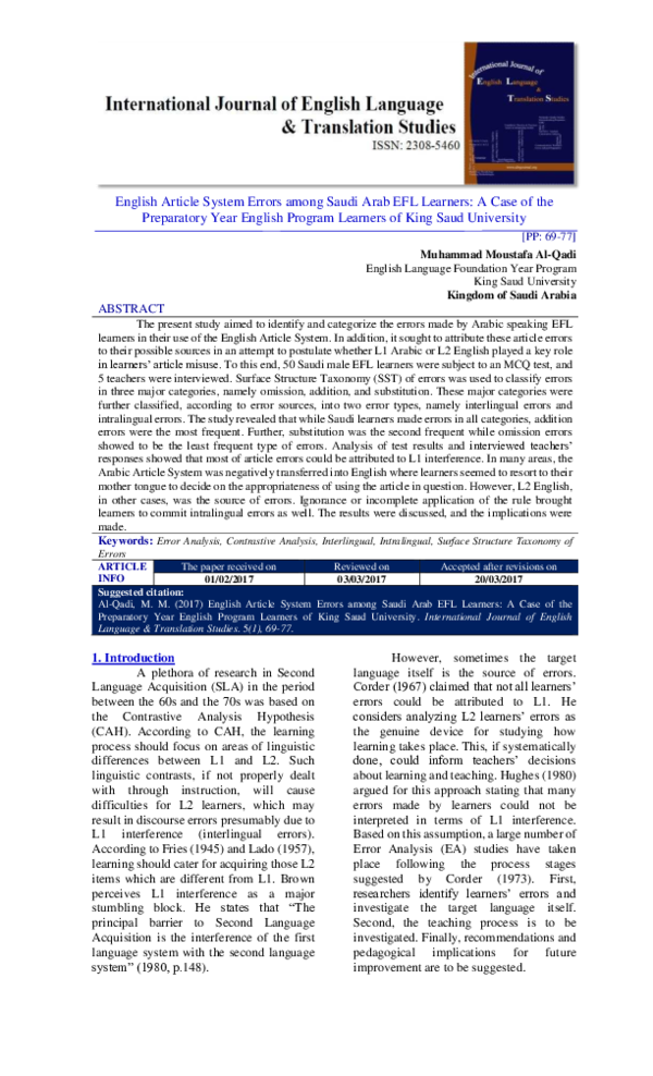 (PDF) English Article System Errors among Saudi Arab EFL Learners: A ...