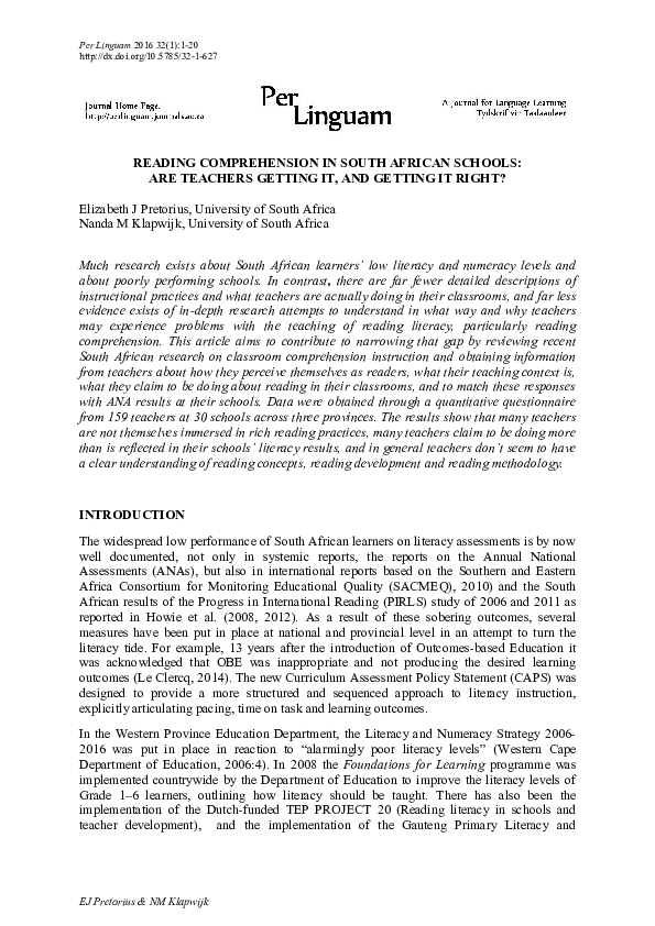 (PDF) READING COMPREHENSION IN SOUTH AFRICAN SCHOOLS ARE TEACHERS