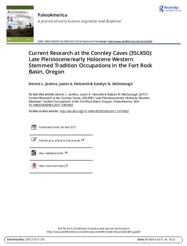 Current Research at the Connley Caves (35LK50): Late Pleistocene/ early Holocene Western Stemmed Tradition Occupations in the Fort Rock Basin, Oregon