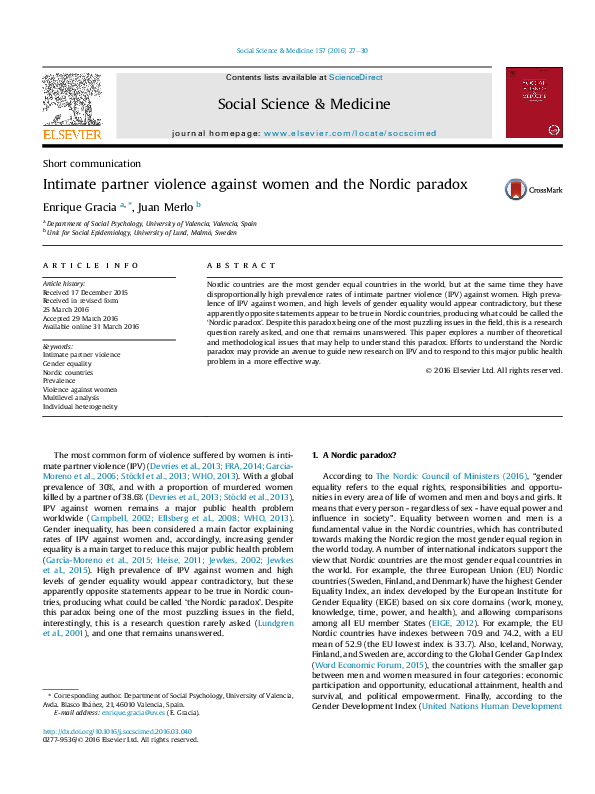 (PDF) Intimate partner violence against women and the Nordic paradox
