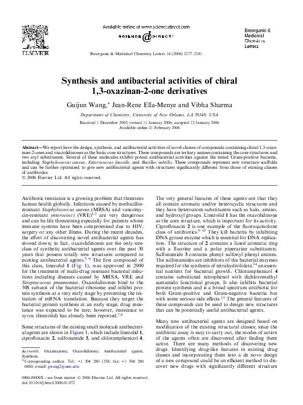 (PDF) Synthesis and antibacterial activities of chiral 1,3-oxazinan-2 ...