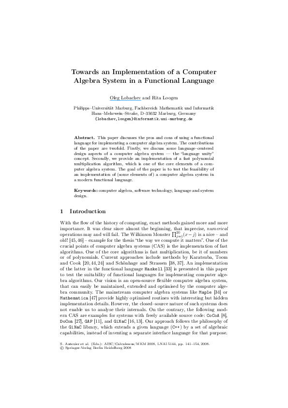(PDF) Towards an Implementation of a Computer Algebra System in a ...