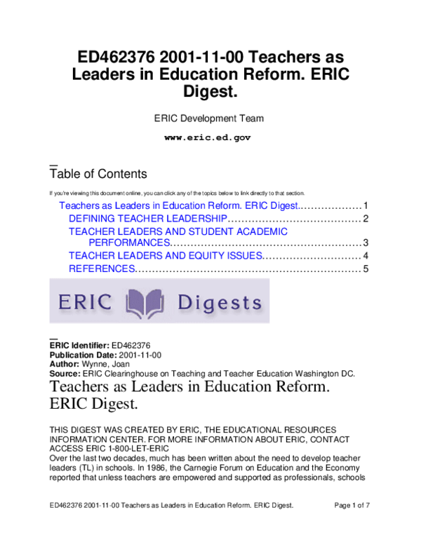 (PDF) Teachers as Leaders in Education Reform. ERIC Digest