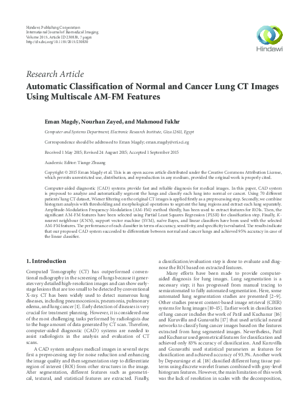(PDF) Automatic Classification of Normal and Cancer Lung CT Images ...