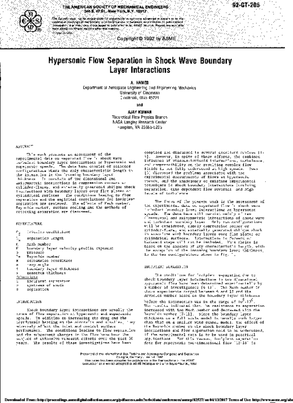 (PDF) Hypersonic Flow Separation in Shock Wave Boundary Layer ...
