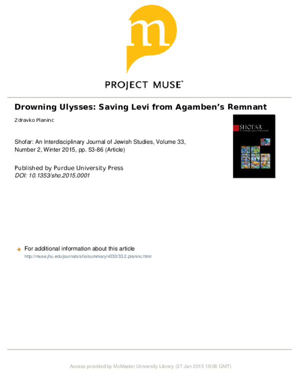 (PDF) "Drowning Ulysses Saving Levi from Agamben's Remnant," Shofar