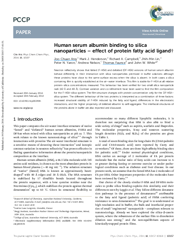 (PDF) Human serum albumin binding to silica nanoparticles – effect of ...