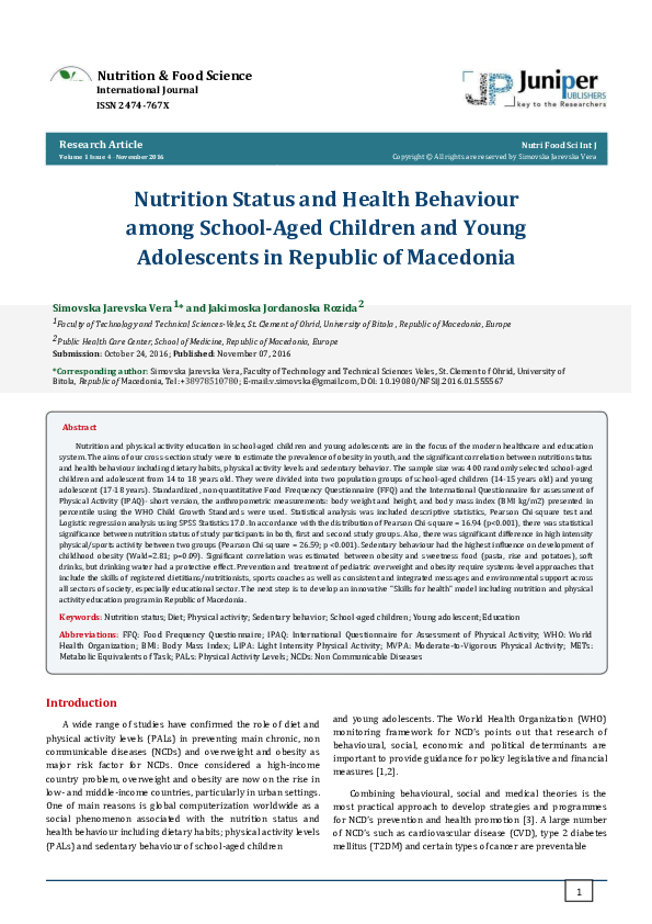 (PDF) Nutrition & Food Science Nutrition Status and Health Behaviour among SchoolAged Children