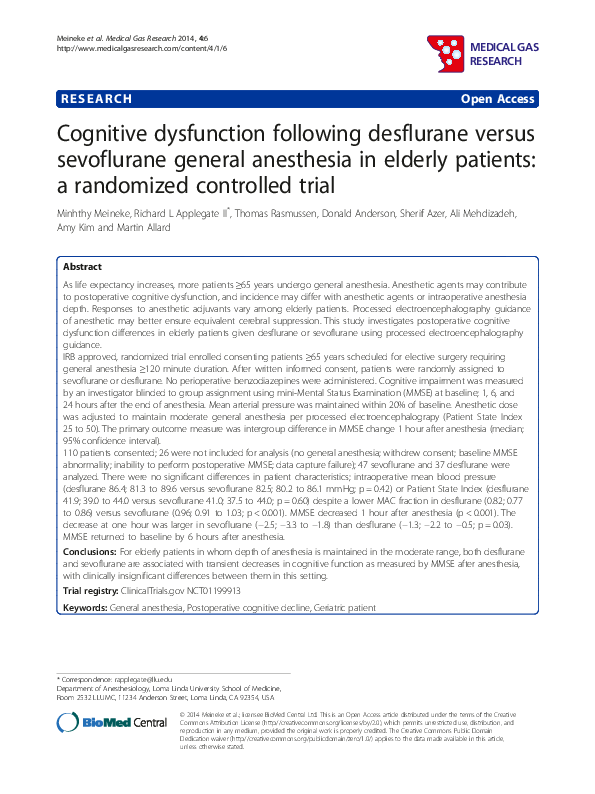 (PDF) Cognitive dysfunction following desflurane versus sevoflurane ...