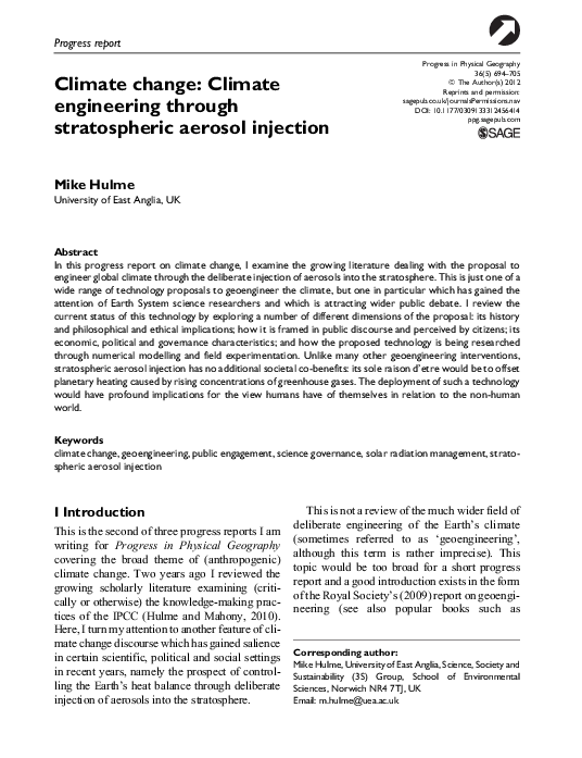 (PDF) Climate engineering through stratospheric aerosol injection: a review