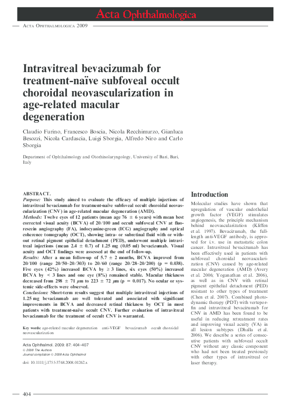(PDF) Intravitreal bevacizumab for treatment-naïve subfoveal occult ...