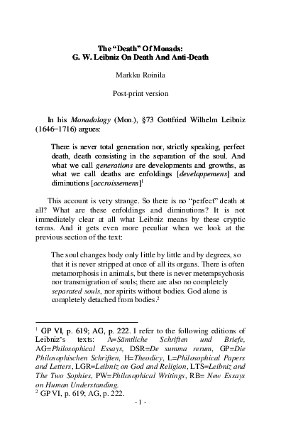 Pdf The Death Of Monads G W Leibniz On Death And Anti - 