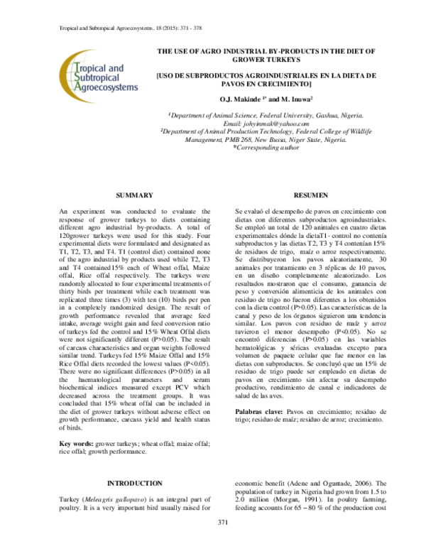 (PDF) THE USE OF AGRO INDUSTRIAL BY-PRODUCTS IN THE DIET OF GROWER ...