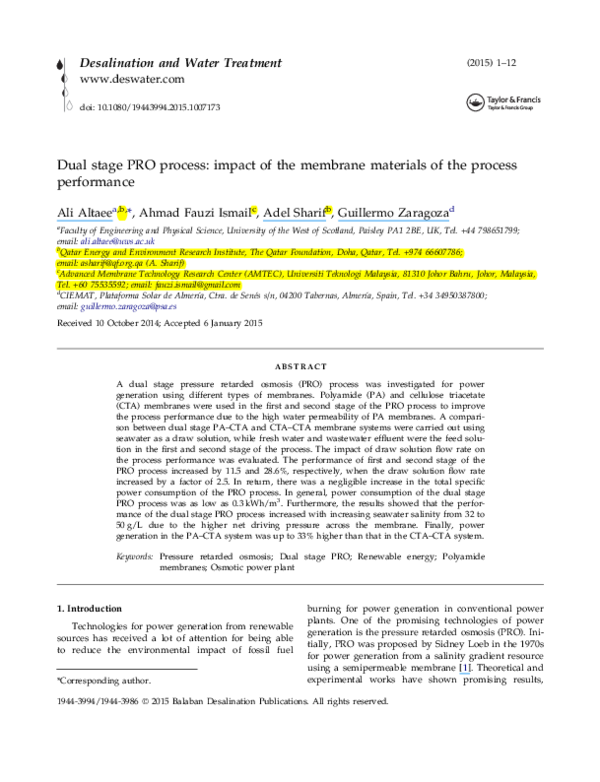 (PDF) Dual stage PRO process: impact of the membrane materials of the ...