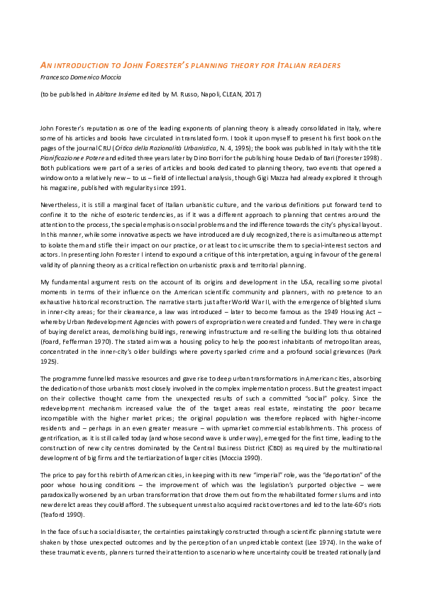 AN INTRODUCTION TO JOHN FORESTER'S PLANNING THEORY FOR ITALIAN READERS