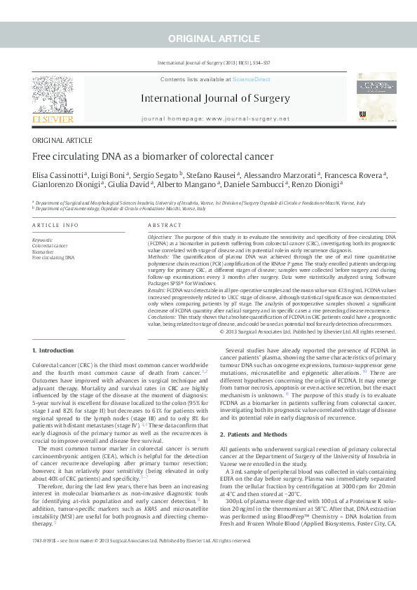 (PDF) Free circulating DNA as a biomarker of colorectal cancer