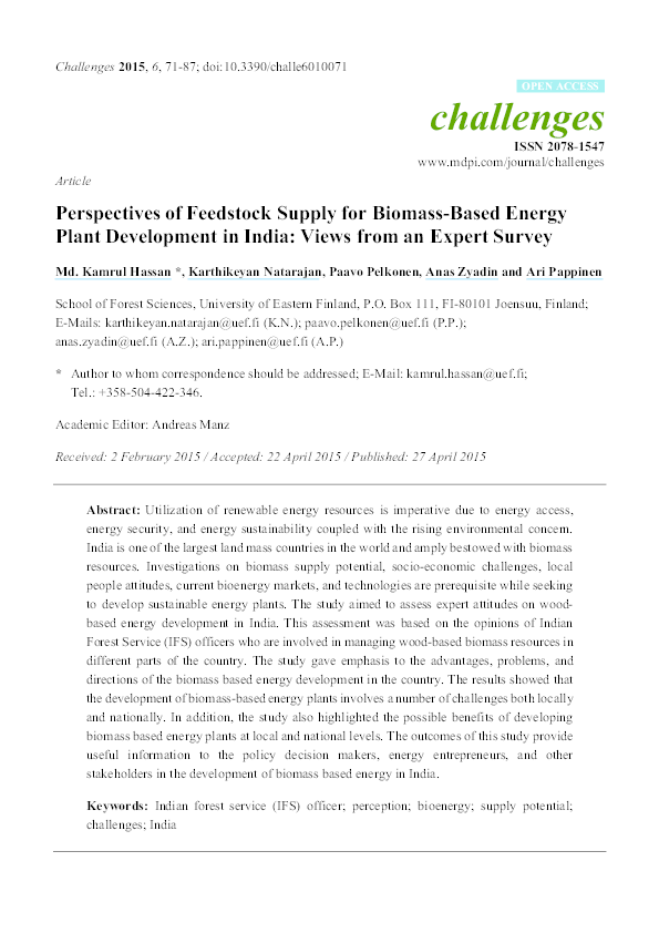 (PDF) Perspectives of Feedstock Supply for Biomass-Based Energy Plant ...