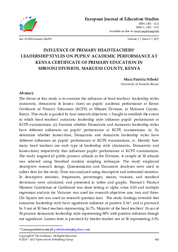 (PDF) INFLUENCE OF PRIMARY HEADTEACHERS’ LEADERSHIP STYLES ON PUPILS