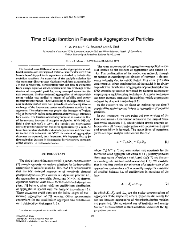 (PDF) Time of Equilibration in Reversible Aggregation of Particles