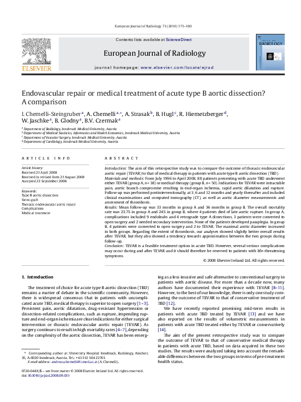 (PDF) Endovascular repair or medical treatment of acute type B aortic ...