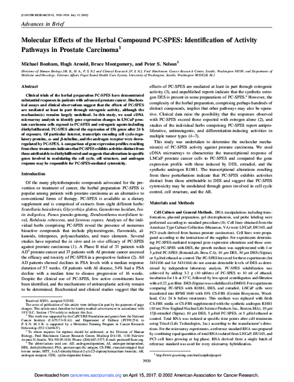 (PDF) Molecular effects of the herbal compound PCSPES identification of activity pathways in