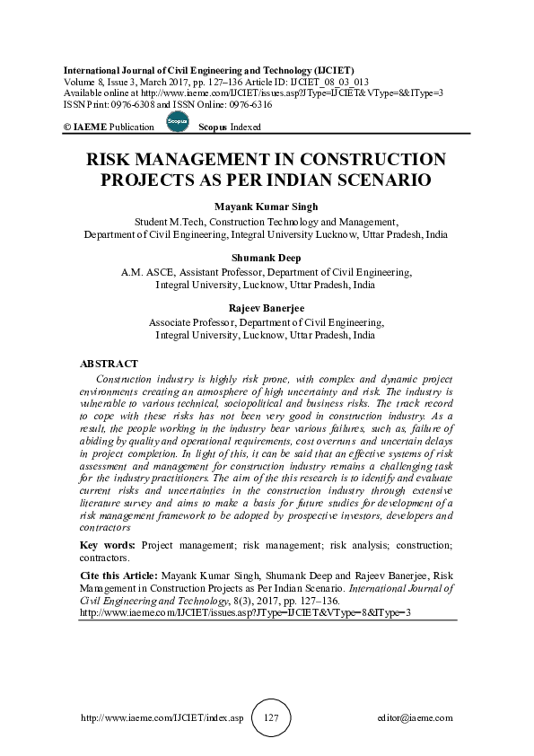 (PDF) RISK MANAGEMENT IN CONSTRUCTION PROJECTS AS PER INDIAN SCENARIO