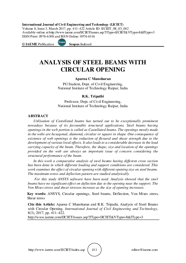 (PDF) ANALYSIS OF STEEL BEAMS WITH CIRCULAR OPENING Analysis of Steel