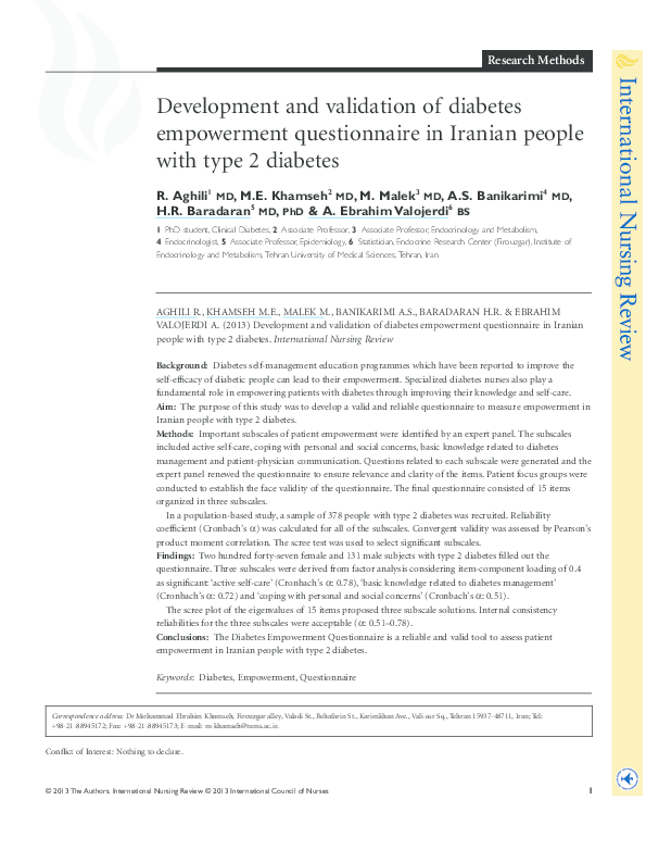 (PDF) Development and validation of diabetes empowerment questionnaire ...