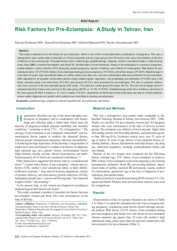 (PDF) Risk factors for pre-eclampsia: a study in Tehran, Iran