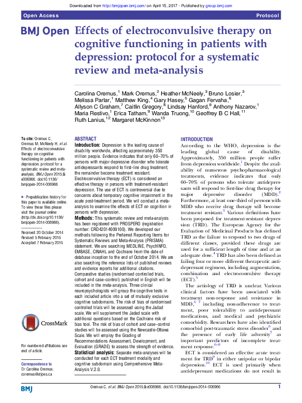 (PDF) Effects of electroconvulsive therapy on cognitive functioning in