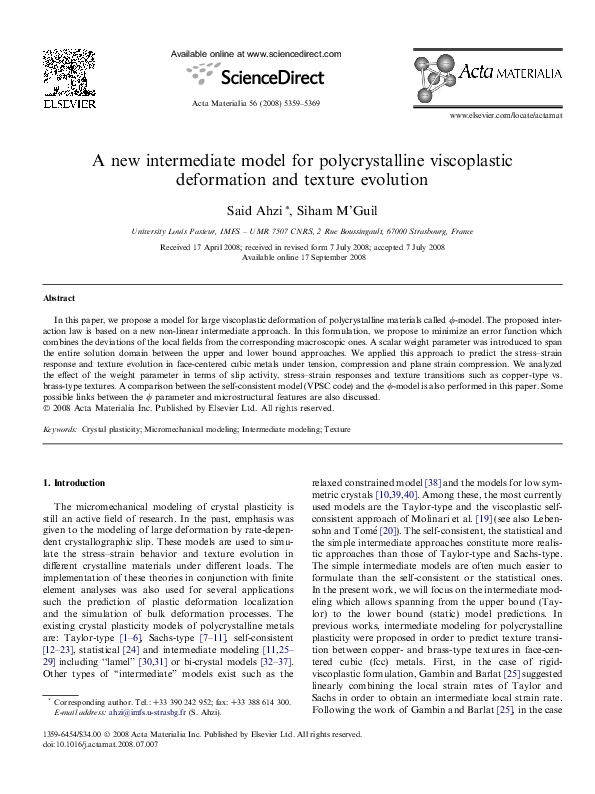 (PDF) A new intermediate model for polycrystalline viscoplastic ...
