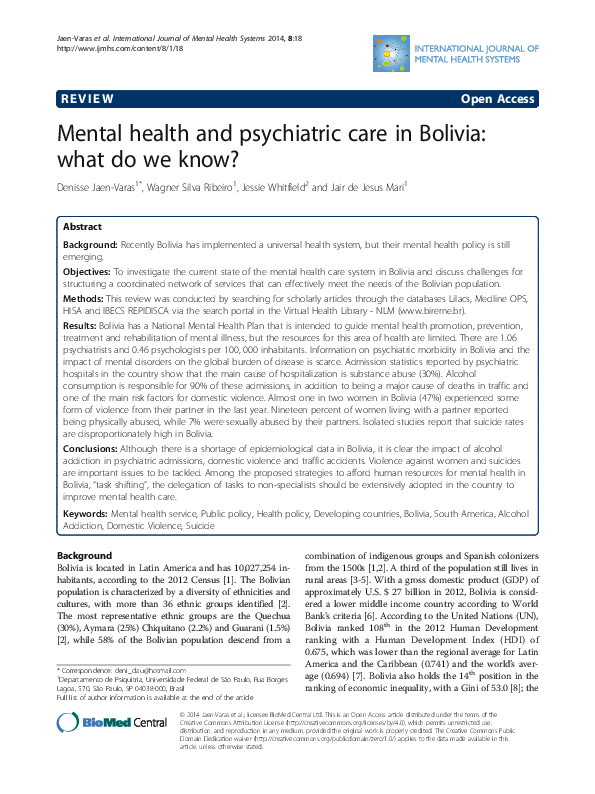 (PDF) Mental health and psychiatric care in Bolivia: what do we know