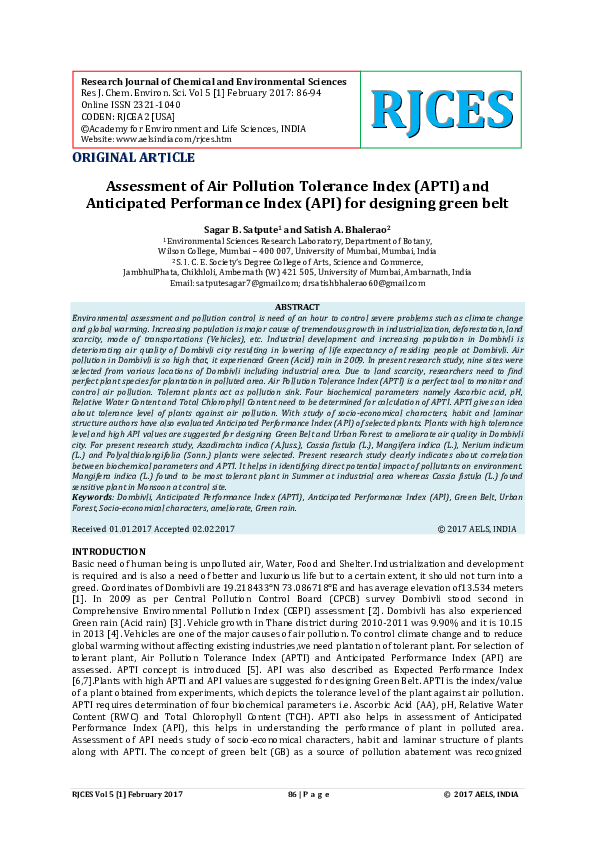 (PDF) Assessment of Air Pollution Tolerance Index (APTI) and ...