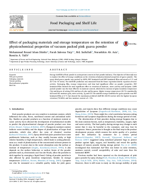 (PDF) Effect of packaging materials and storage temperature on the ...