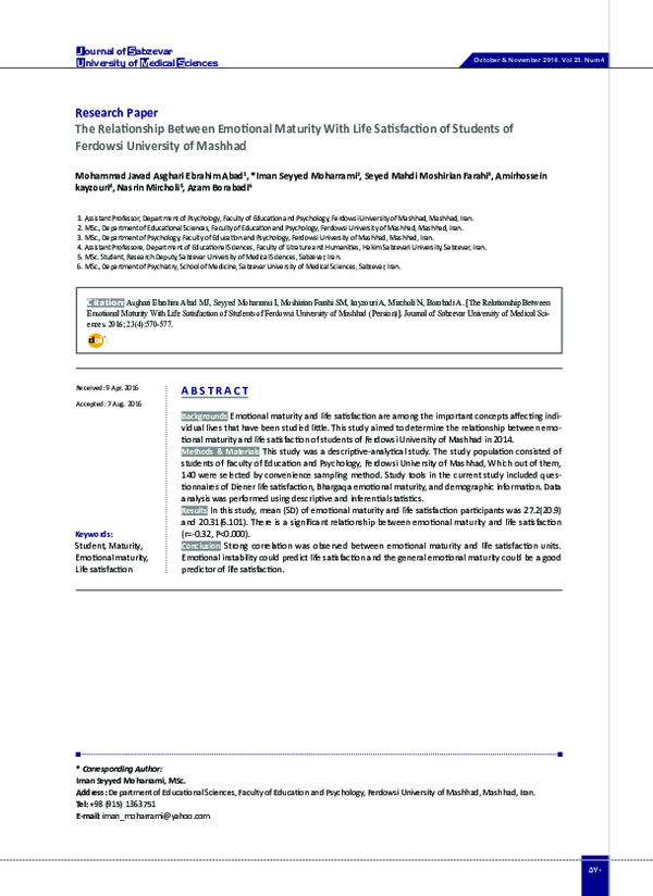 (PDF) The Relationship Between Emotional Maturity With Life ...