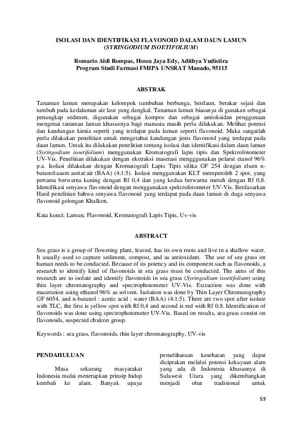 (PDF) ISOLASI DAN IDENTIFIKASI FLAVONOID DALAM DAUN LAMUN (SYRINGODIUM