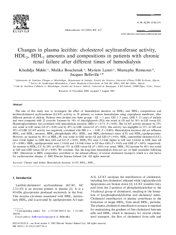 (PDF) Changes in plasma lecithin cholesterol acyltransferase activity